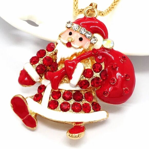 Red Enamel Santa Christmas Crystal Pendant Necklace NWOT - Picture 2 of 4